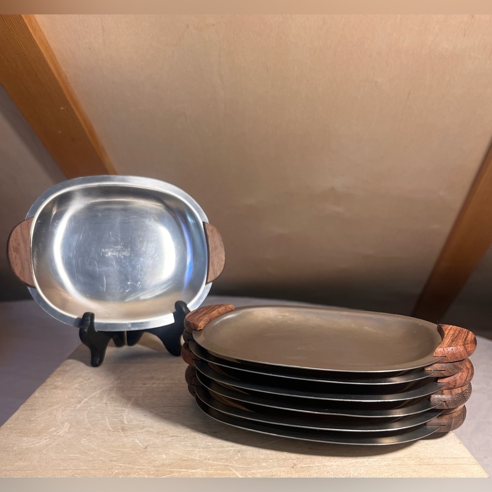 Set of 7 Vintage Royal Craft Stainless Steel Trays with Wood Handles